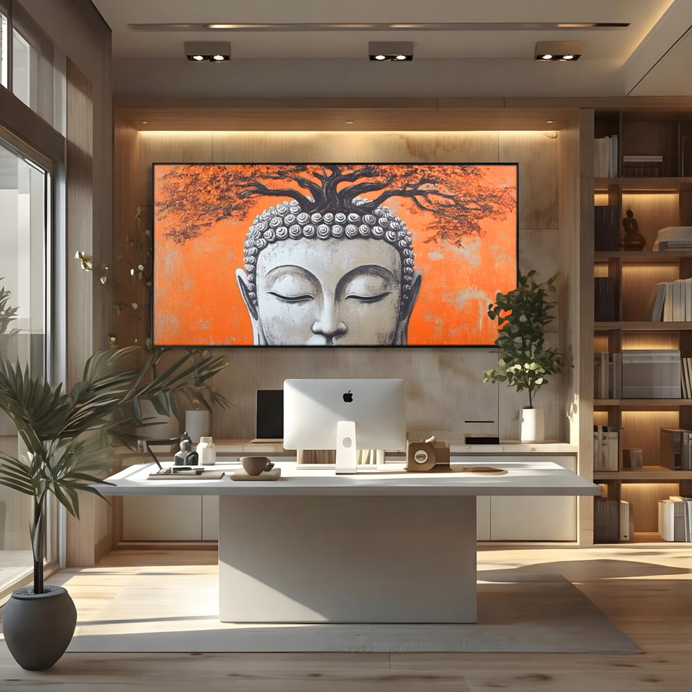 Tablou canvas cu tablou canvas cu capul lui buddha si copac, in rama de aluminiu negru, pe perete intr-un birou